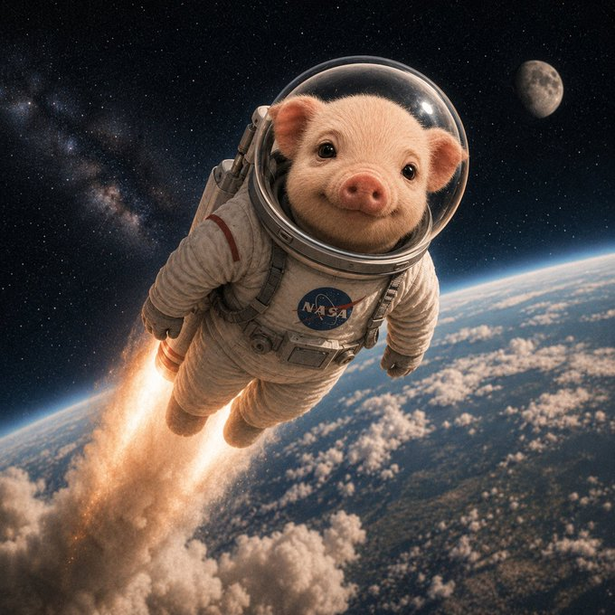 Pig in a NASA spacesuit rocketing through space toward the moon