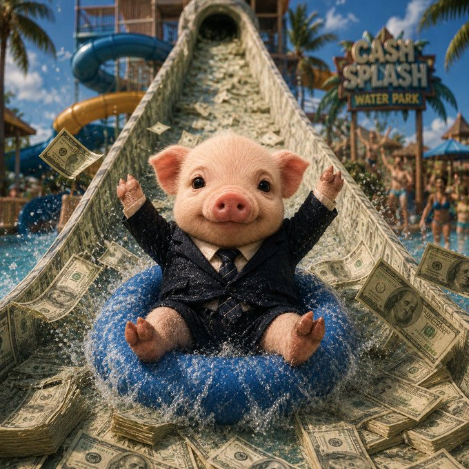 Pig in a suit sliding down a water slide made of cash at Cash Splash Water Park