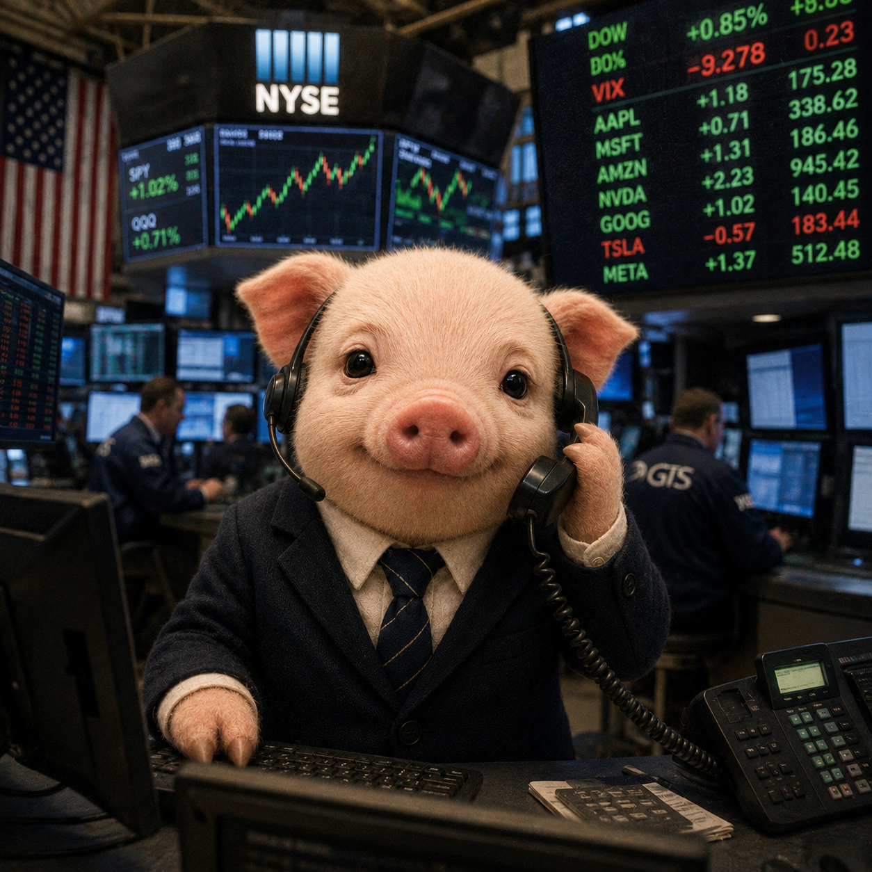 Pig in a suit working the NYSE trading floor with a headset and phone